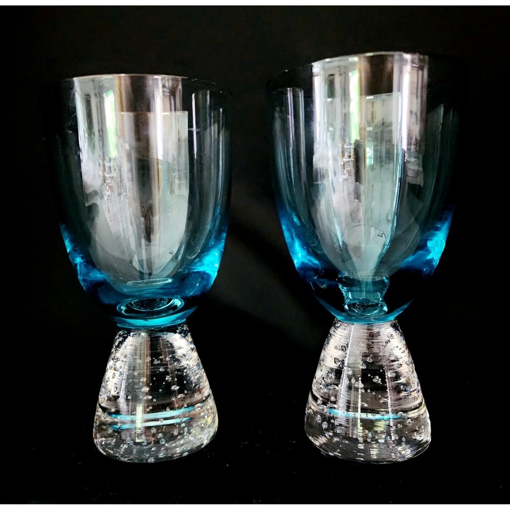 Portuguese Controlled Bubble Blue Cordial Cocktail Glasses Set Of 2